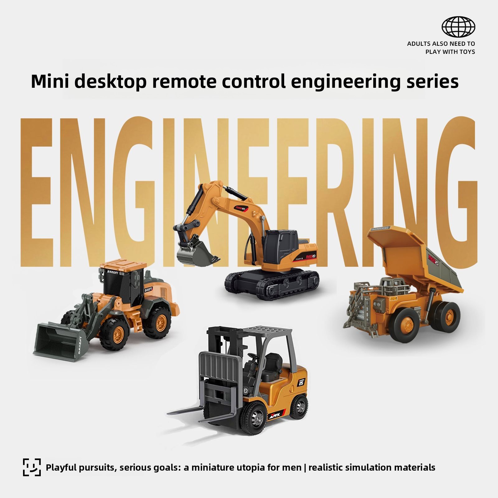 Model Kit Excavator - 1:64 メタル RC エンジニアリングカーセット、鉱山トラック掘削機フォークリフト高耐久ダイキャストモデルディスプレイおもちゃ子供大人向け