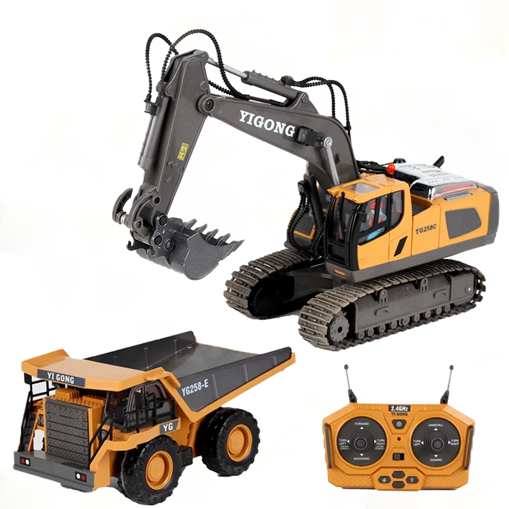 Model Kit Excavator - 4WD合金製RC掘削機ブルドーザー ダンプトラック 電動リモコンエンジニアリング車両モデル ライトとサウンドエフェクト付き おもちゃギフト