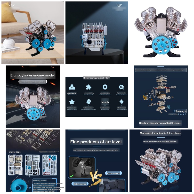 Model Kit V8 Engine - DIY 3DメカニカルV8エンジン金属製組み立てキット 組立モデル 教育用ギフト DM118