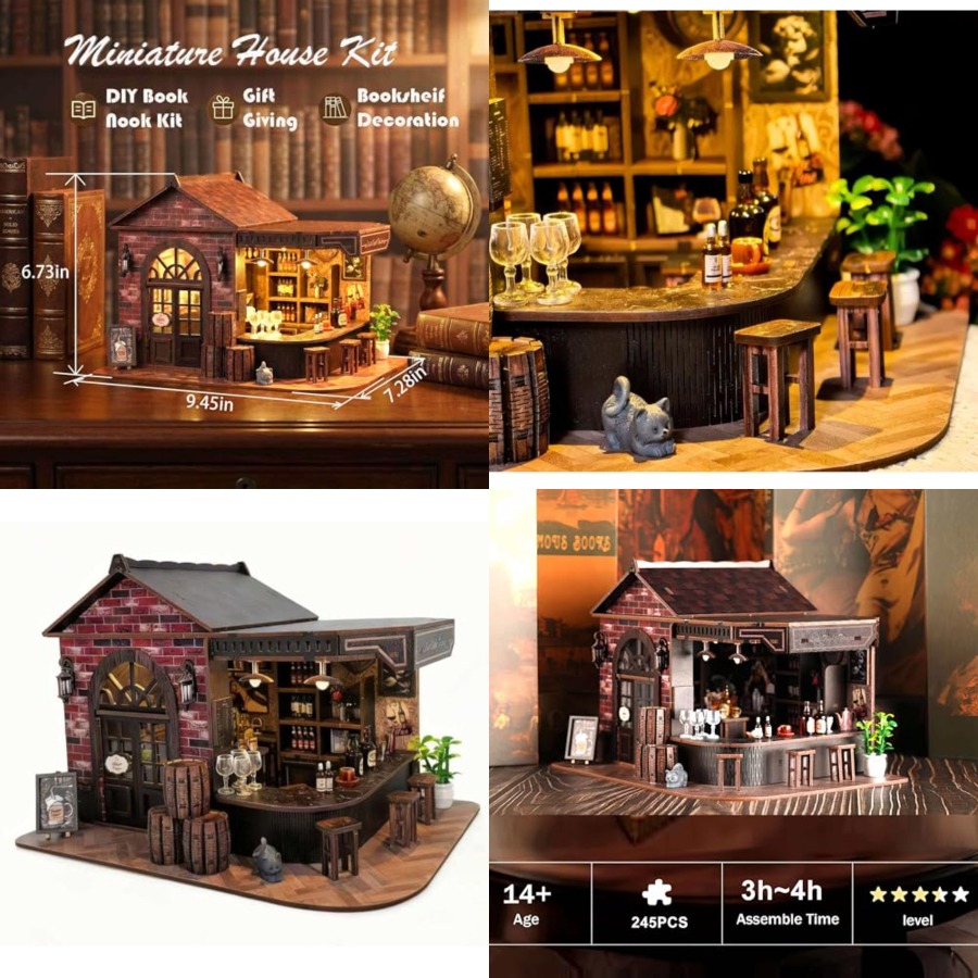 Model Kit Wood - ブックヌックキット、3D木製ミニチュア居酒屋とパブドールハウス（LEDライト付き）- 大人向けDIYミニハウスクラフトモデル、誕生日V