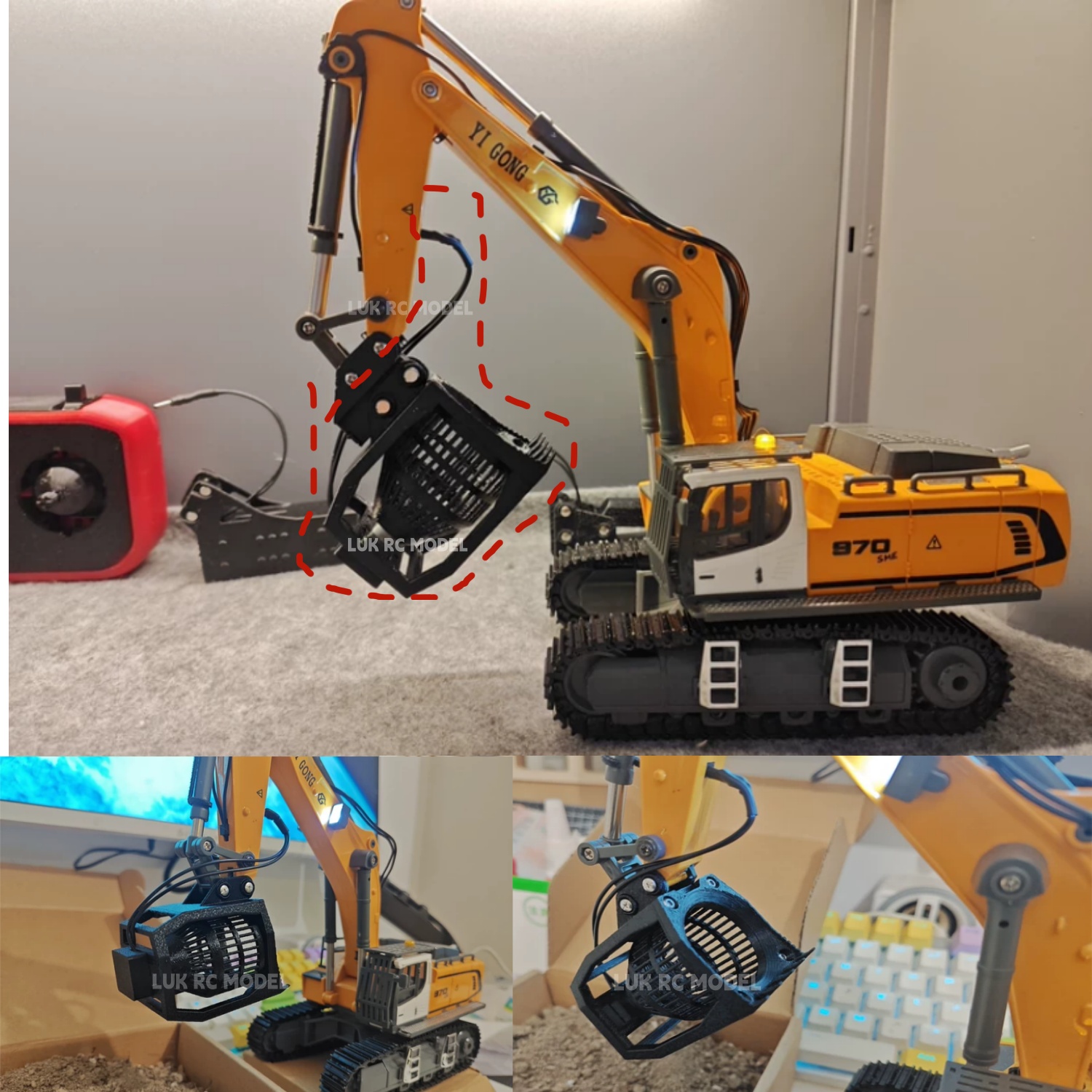 Model Kit Excavator - 1/50電動ふるいバケット（Yigongアタッチメントアクセサリー用）YG 970掘削機モデルRC 520掘削機DIYパーツ3Dプリント