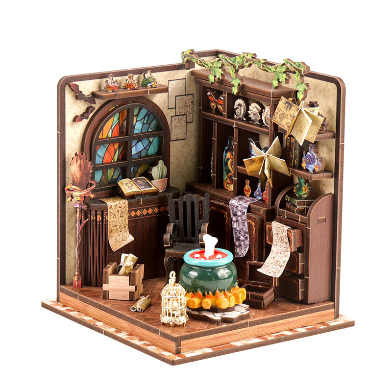 Model Kit Wood - DIY木製ミニチュアモデルキット魔法のポーションワークショップカーサドールハウス3Dパズルドールハウス家具ライト付き友達へのギフト